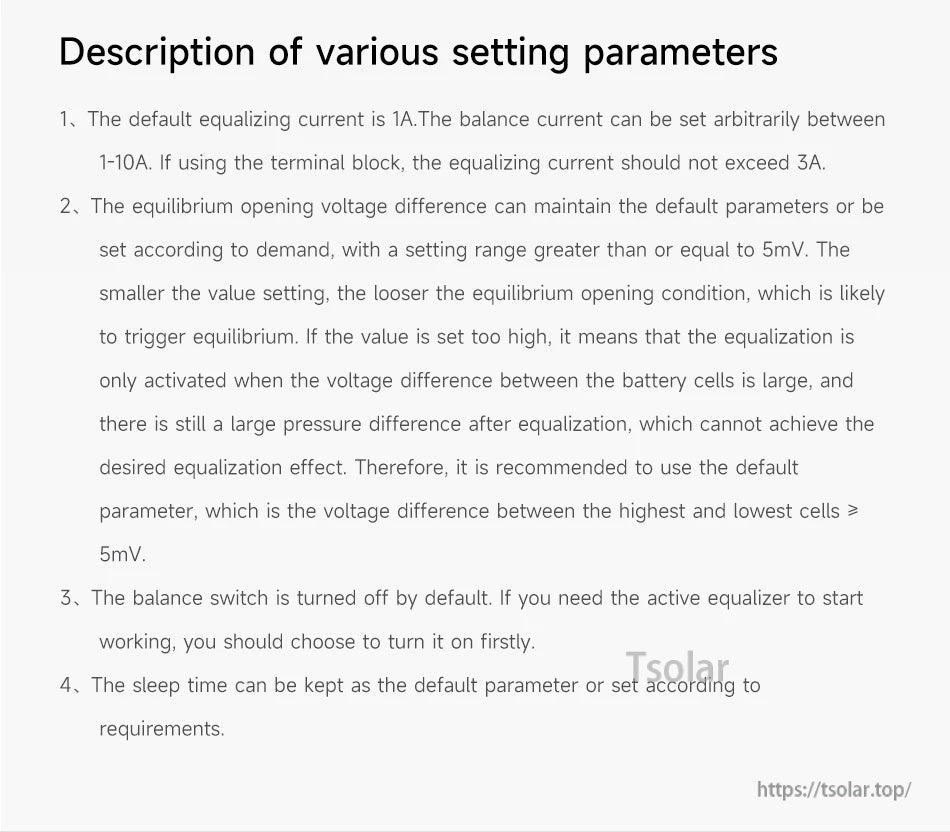 Text page describing parameter settings such as equalizing current range, voltage difference threshold, and sleep time options
