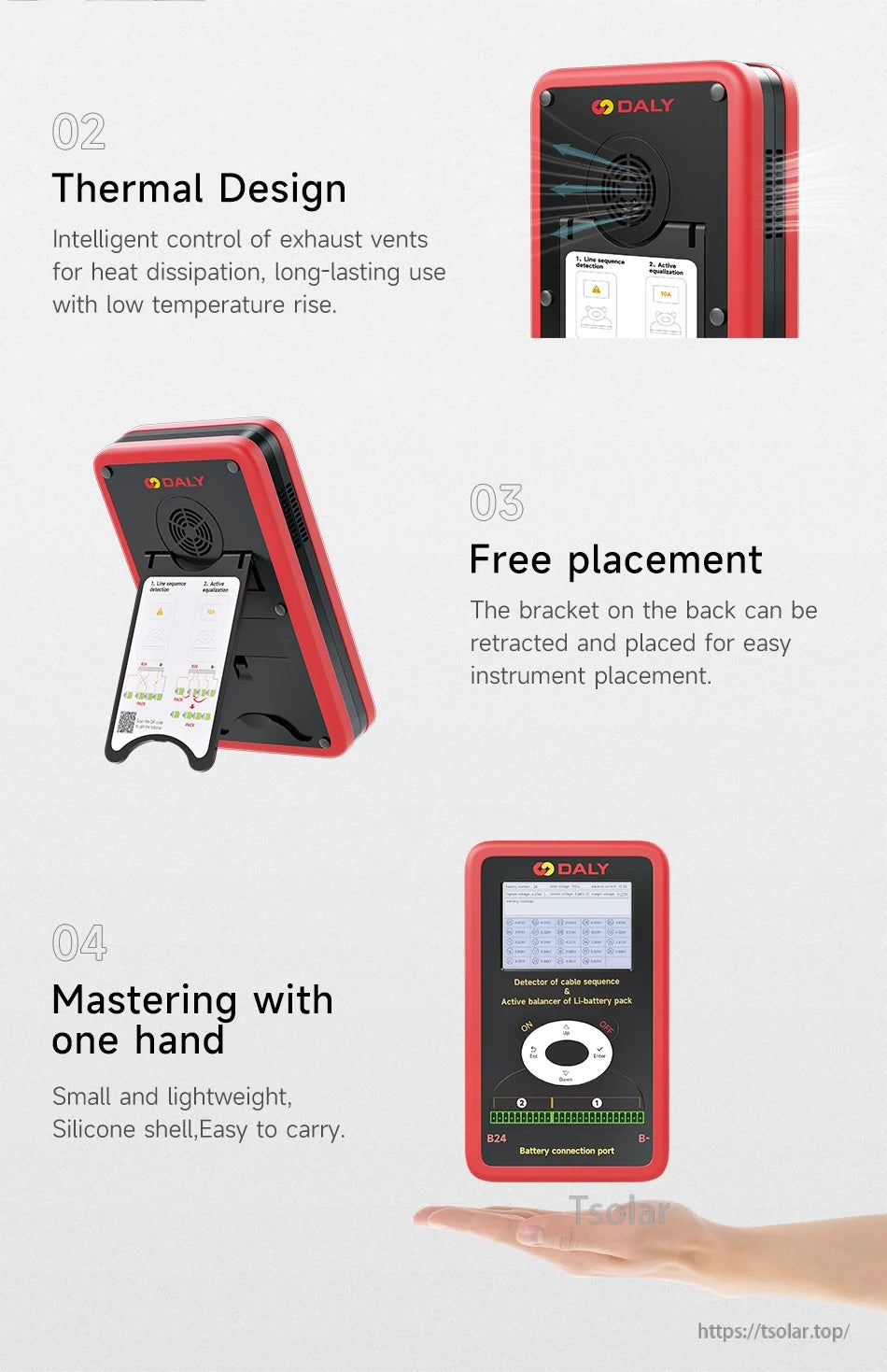 Back and front views showing thermal vent design, retractable stand for placement, and one-hand portable size