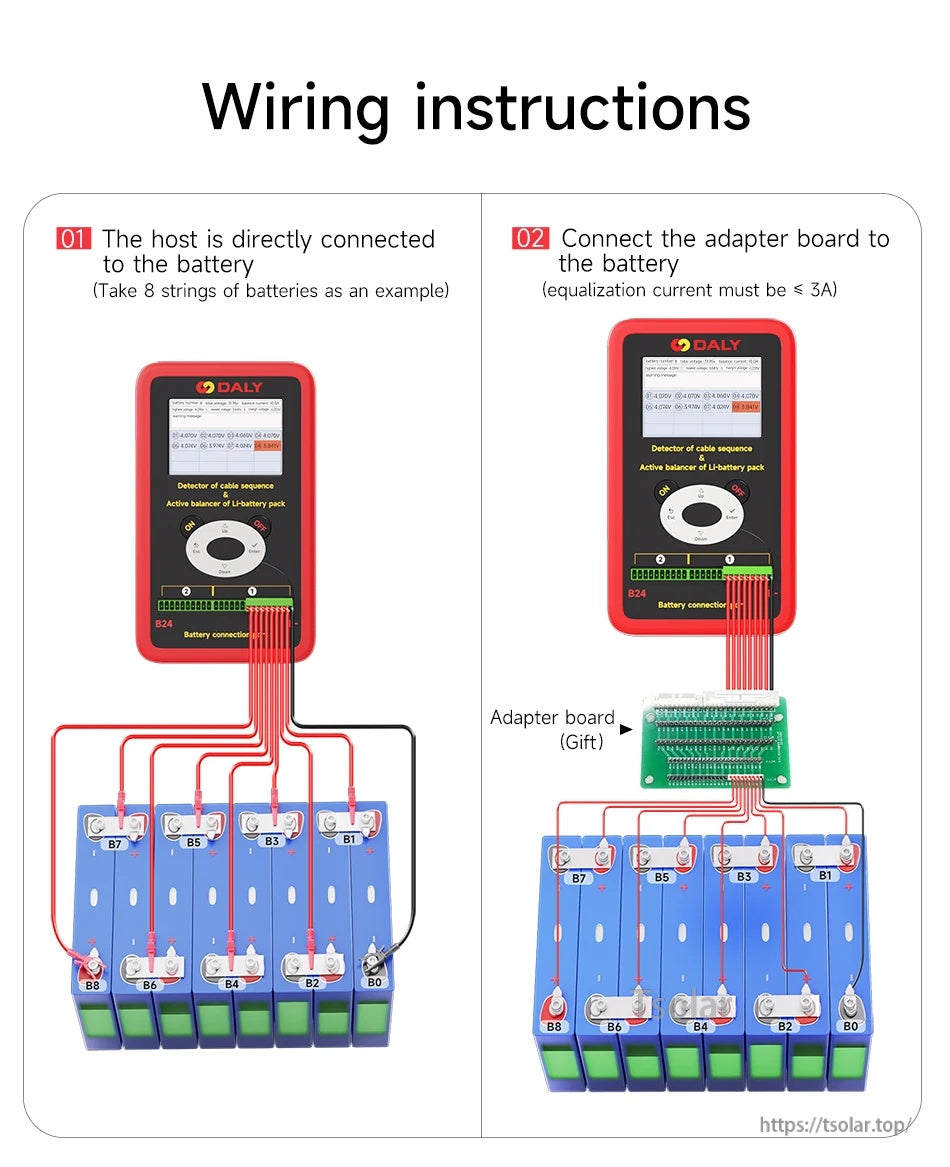 DALY smart BMS wiring instructions showing B0–B8 balance lead connections and optional adapter board to a battery pack