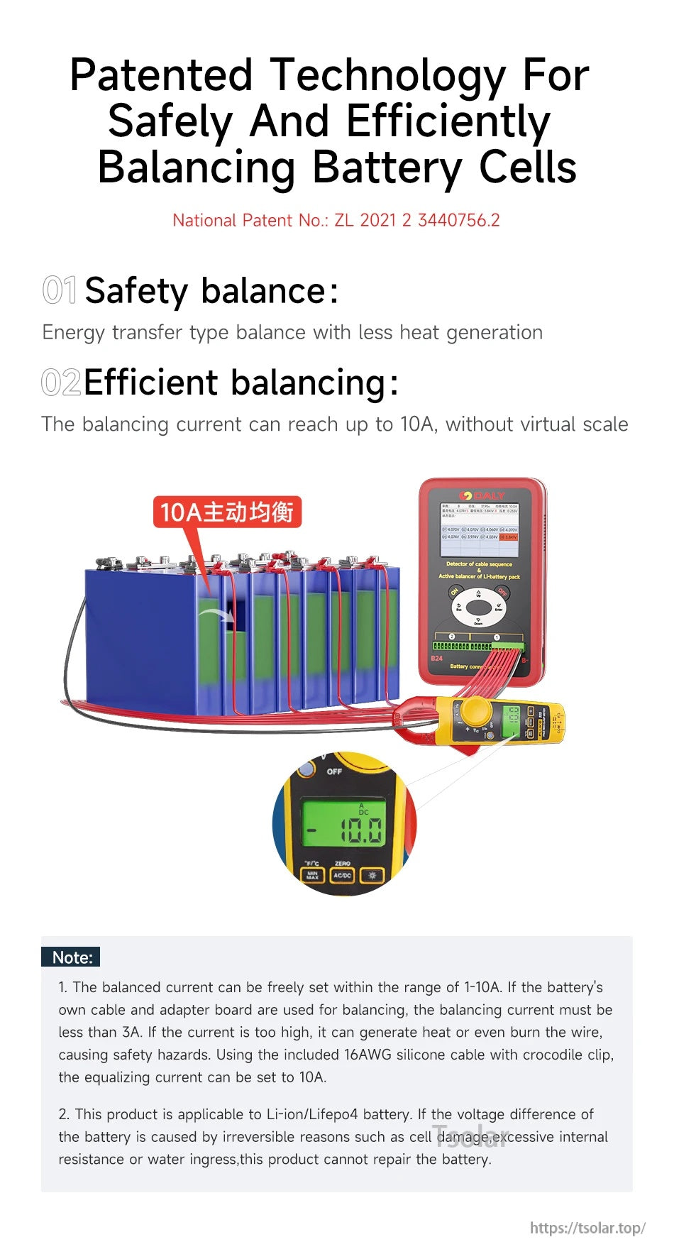 Active balancing current up to 10A illustrated with clamp meter reading and notes about current setting and wiring