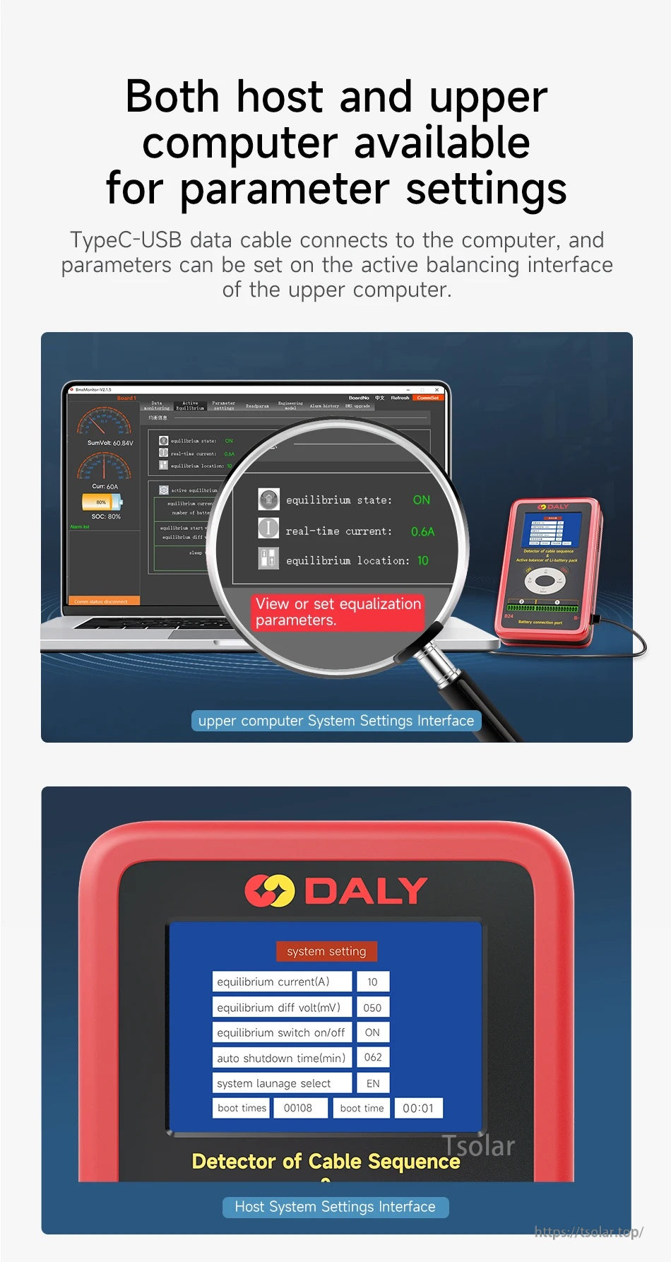 Type‑C USB connection to PC software for setting equalization parameters, plus on-device system settings screen