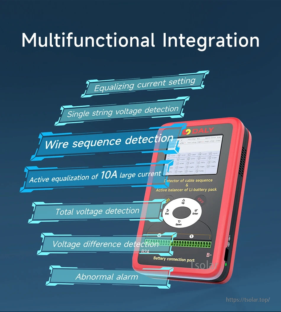 Feature overview highlighting equalizing current setting, wire sequence detection, voltage readings, alarms, and 10A balancing