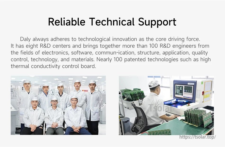 DALY Smart BMS reliable technical support banner with R&D team and electronics testing workstation