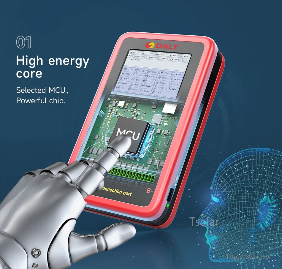 Internal core concept graphic highlighting selected MCU and control electronics inside the handheld tester