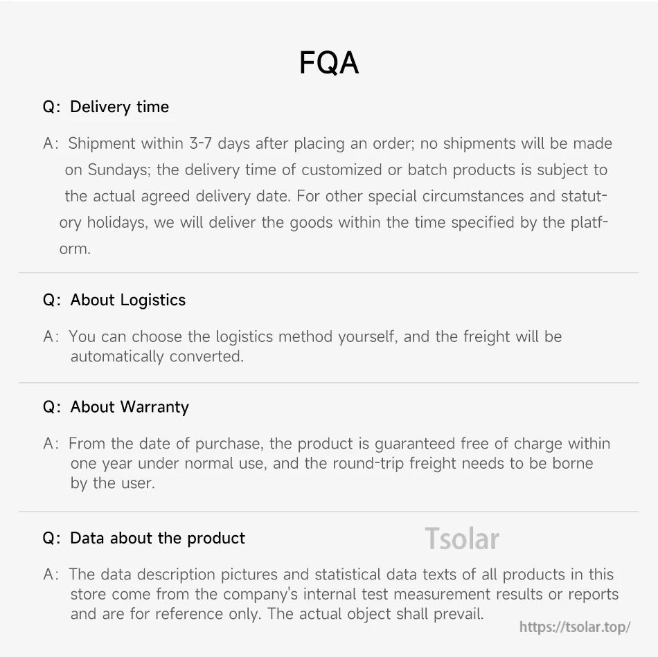 FAQ page for DALY Smart BMS listing with sections on delivery time, logistics, warranty, and product data notes