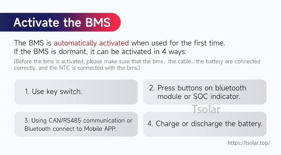 DALY Smart BMS activation instructions listing key switch, Bluetooth/SOC button, CAN/RS485 app connection, or charge/discharge