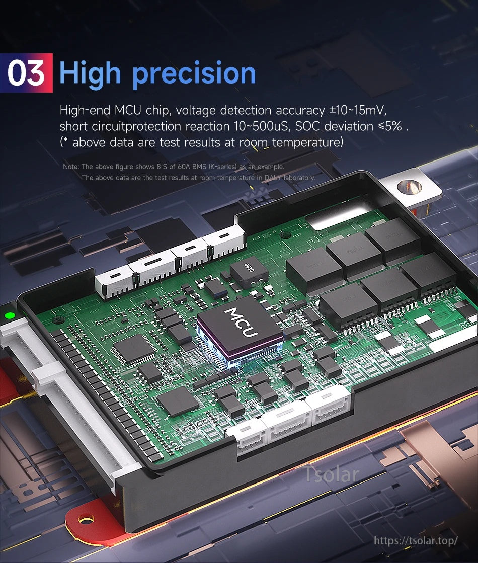 DALY Smart BMS circuit board with MCU chip and multiple balance connectors inside a protective housing