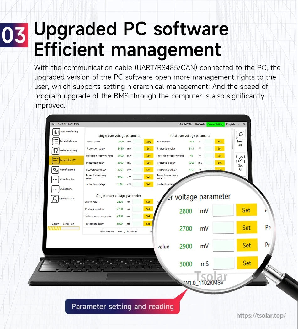 PC software screen for BMS parameter reading and setting via UART/RS485/CAN communication cable