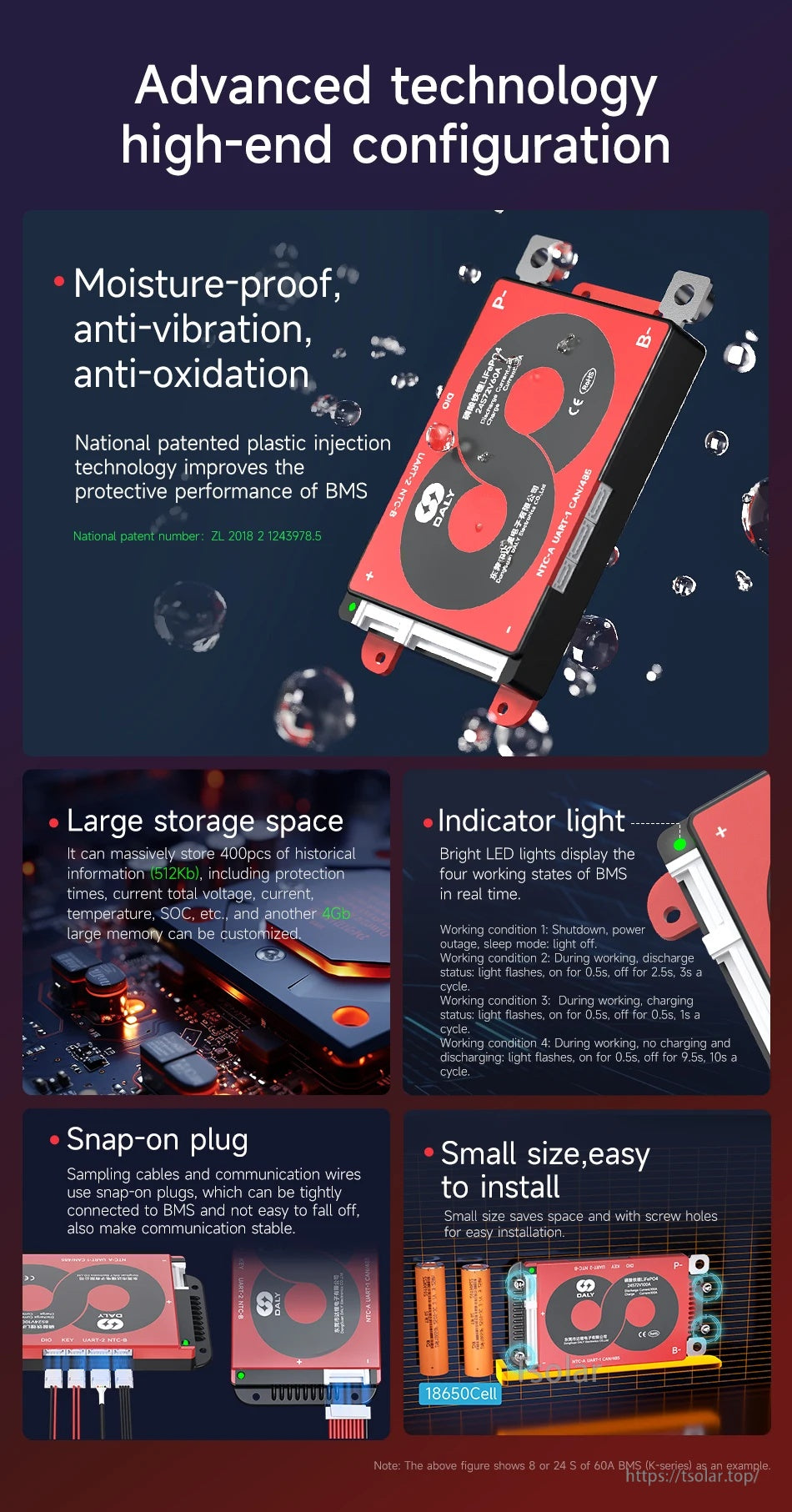 DALY Smart BMS battery management module with P- and B- terminals, indicator LEDs, and snap-on plug connectors