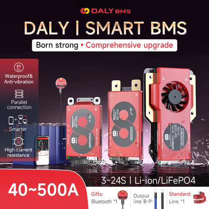 DALY SMART BMS promo graphic showing 40–500A range, 3–24S, and water-splash product display