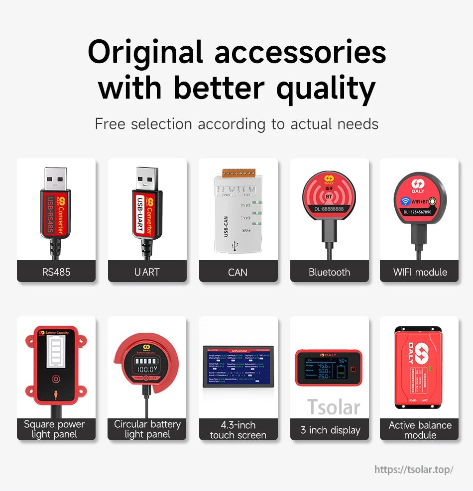 DALY Smart BMS accessory options including RS485, UART, CAN adapters, Bluetooth/WiFi modules, displays, and balance module