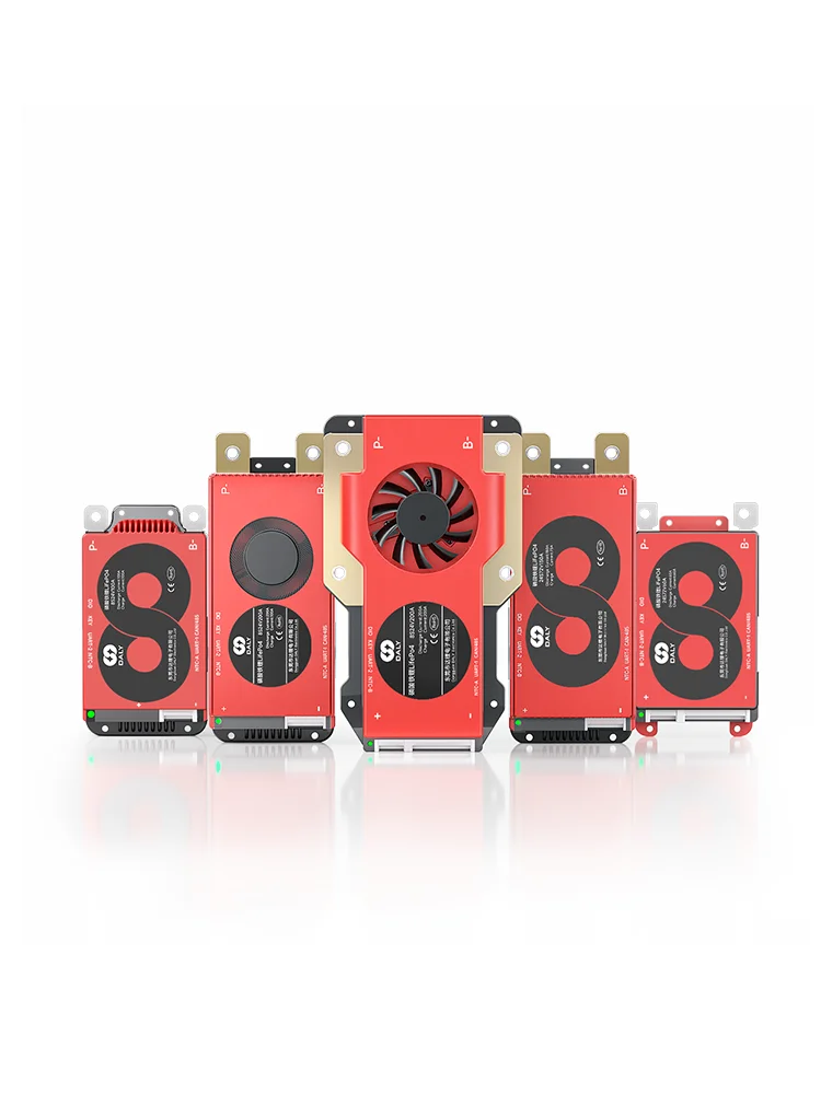 DALY SMART BMS product lineup showing multiple red BMS module sizes, including large fan-cooled unit