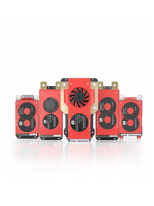 DALY SMART BMS product lineup showing multiple red BMS module sizes, including large fan-cooled unit