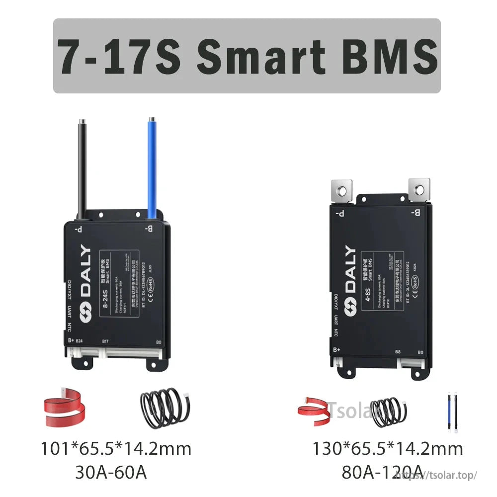 7-17S smart BMS comparison image showing two module sizes and listed 30-60A and 80-120A ranges