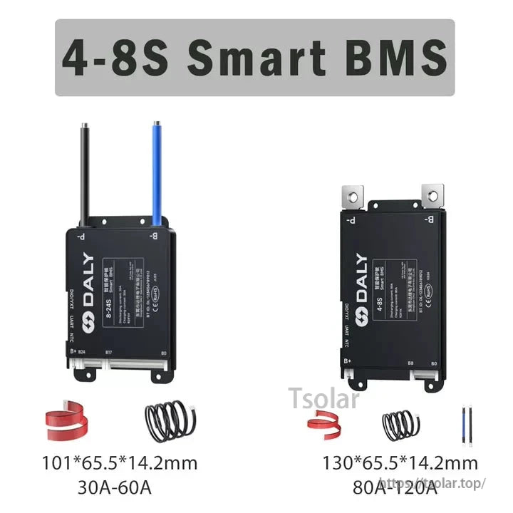 4-8S smart BMS size comparison showing 101×65.5×14.2mm and 130×65.5×14.2mm options