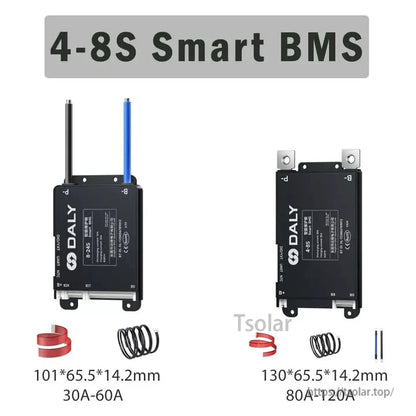 4-8S smart BMS size comparison showing 101×65.5×14.2mm and 130×65.5×14.2mm options