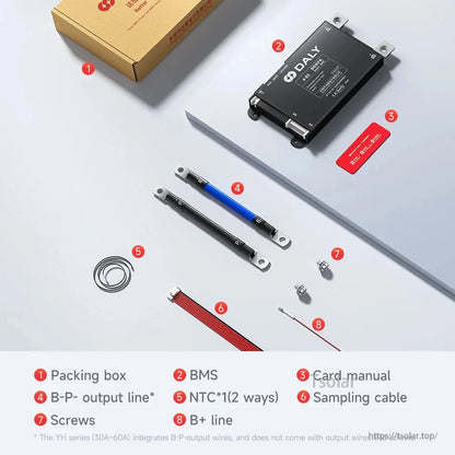 Package contents layout: BMS unit, packing box, manual card, cables, NTC sensor, and screws