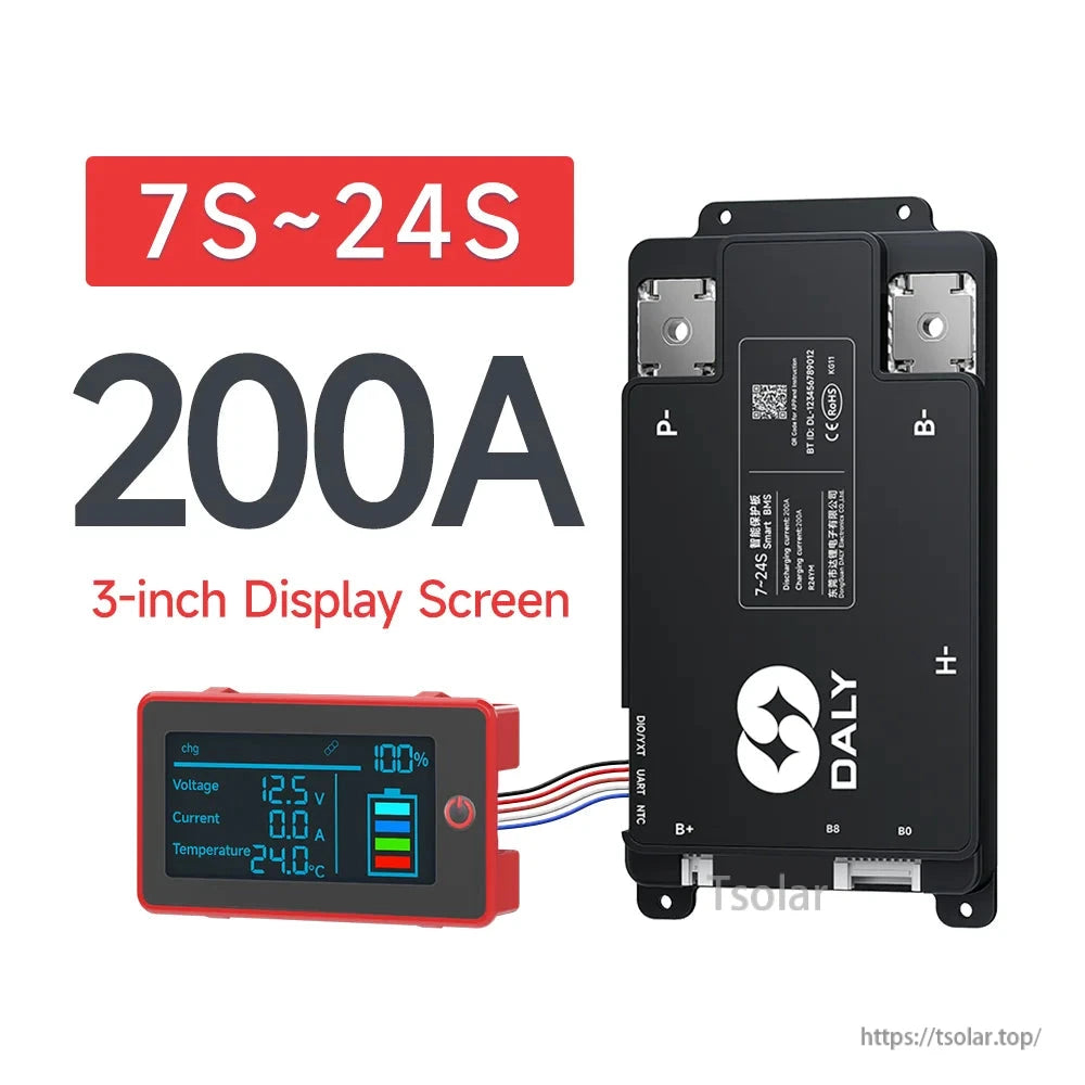 DALY Smart BMS 200A 7S–24S battery management module with wired 3-inch display and labeled B-/P- terminals