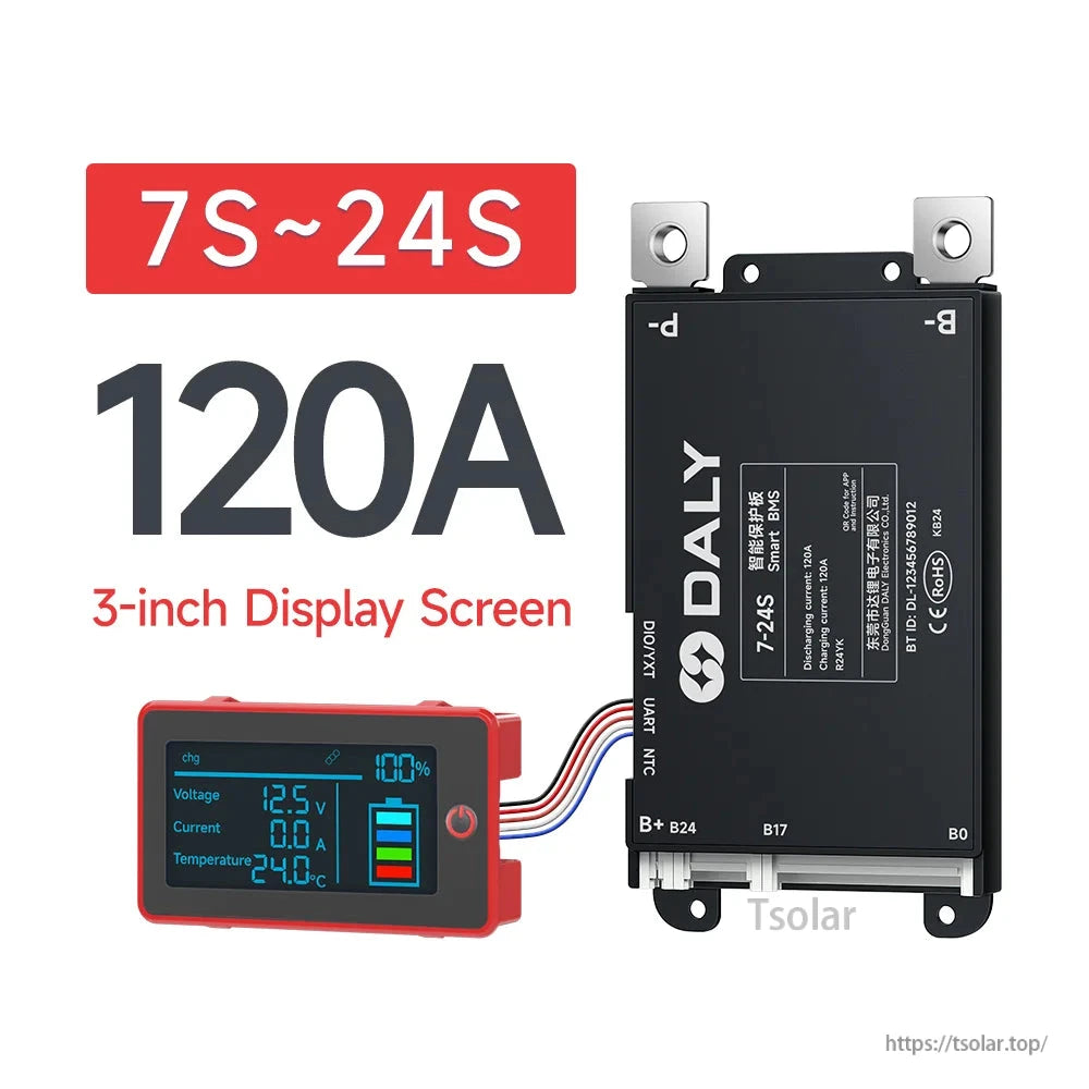 DALY Smart BMS 7S–24S 120A battery management module with wiring harness and 3-inch display screen