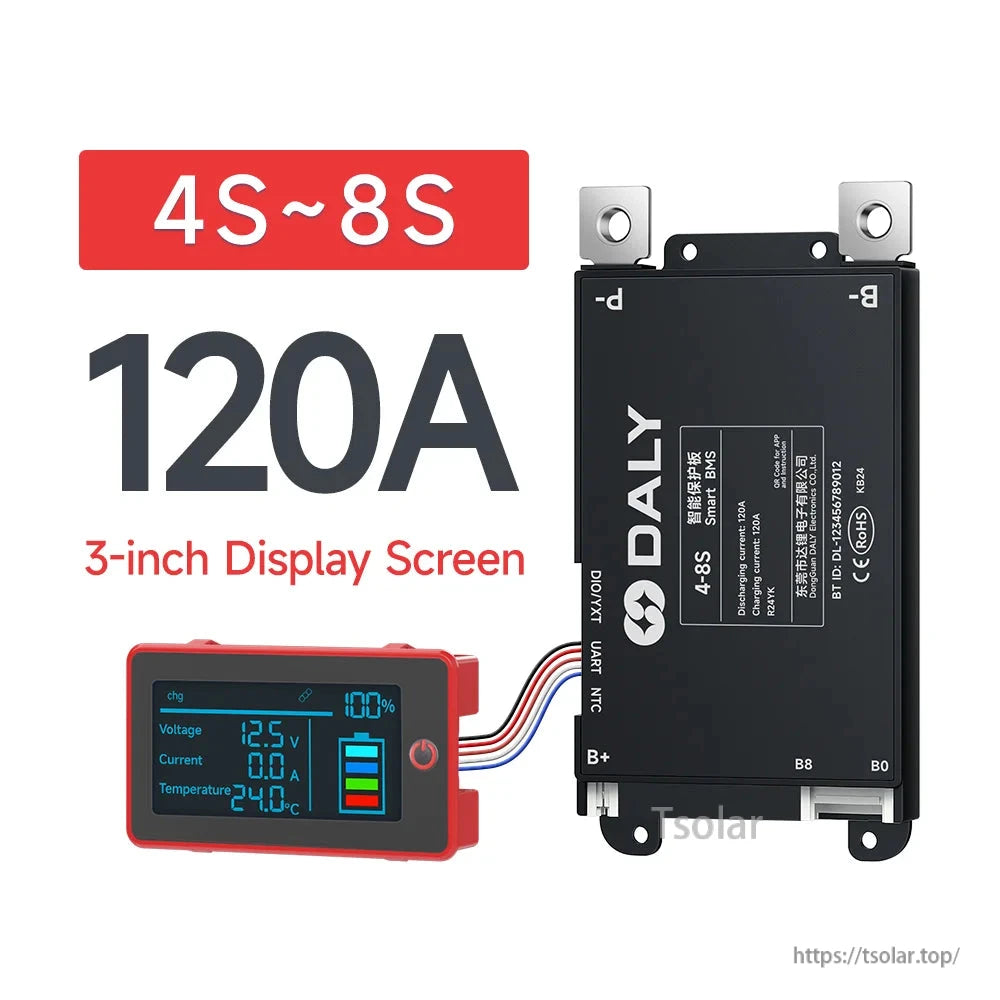 DALY Smart BMS 4S–8S 120A battery management board with wired 3-inch display showing voltage, current and temperature
