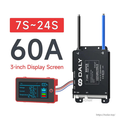 7S–24S 60A mini BMS graphic with 3-inch display screen and terminals shown