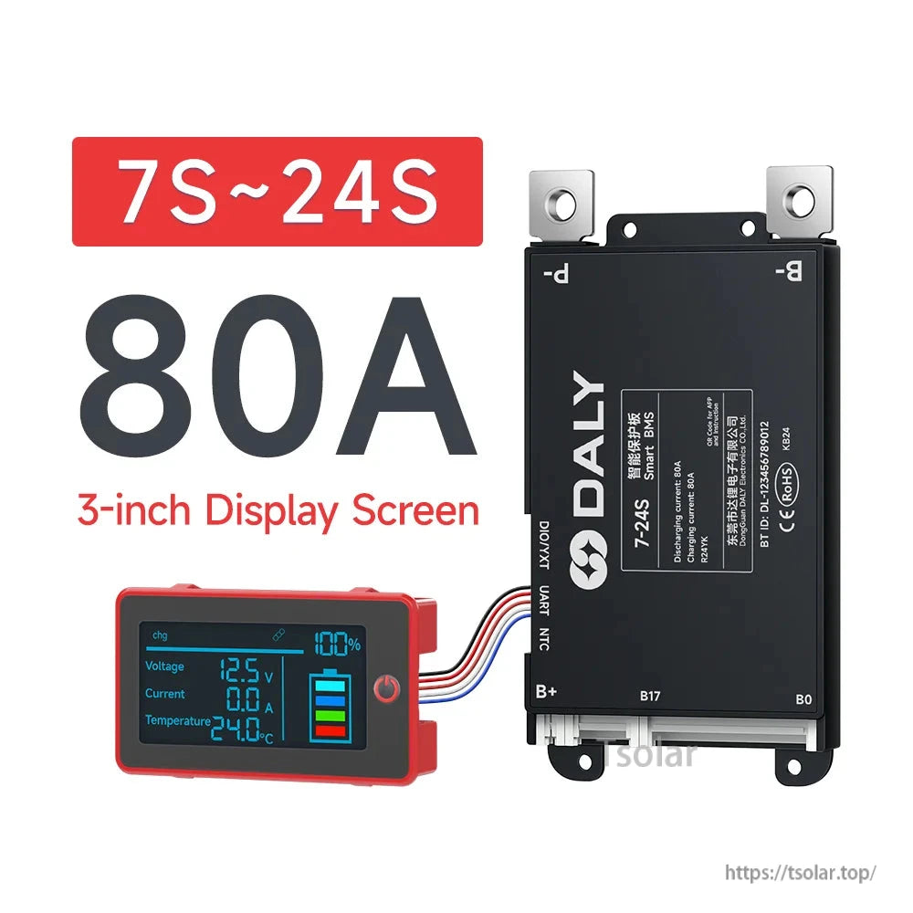 7S–24S 80A mini BMS graphic with 3-inch display screen and connector ports visible