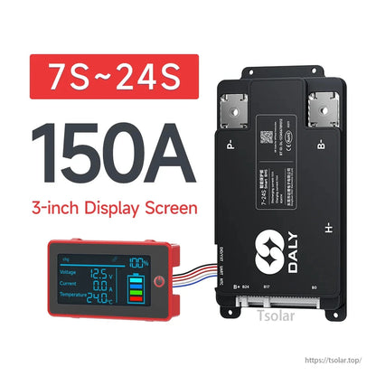 DALY Smart BMS 150A for 7S–24S battery packs with wired 3-inch display module and main terminal blocks