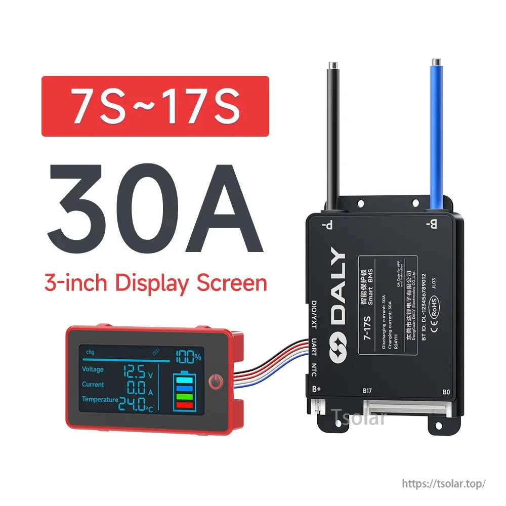 7S–17S 30A mini BMS graphic with 3-inch display screen and wiring harness ports shown