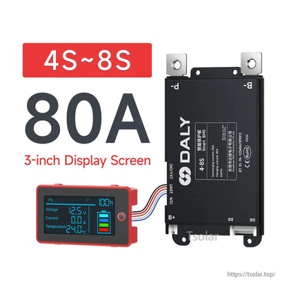4S–8S 80A mini BMS graphic with 3-inch display screen and top terminal lugs visible