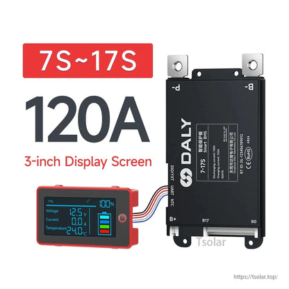 DALY Smart BMS 7S–17S 120A battery management system with wired 3-inch display and B+/B- terminals