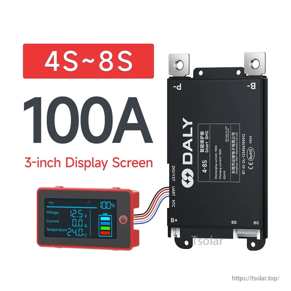 4S–8S 100A mini BMS graphic with 3-inch display screen and terminal lugs visible