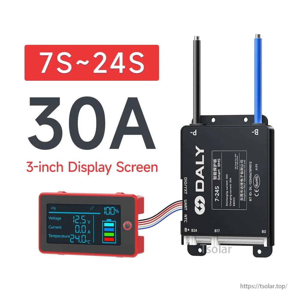 7S–24S 30A mini BMS graphic with 3-inch display screen and connector layout shown