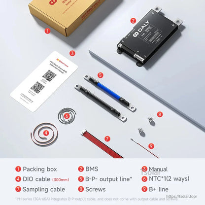 Package contents layout: DALY BMS, manual card, cables, screws, and wiring accessories