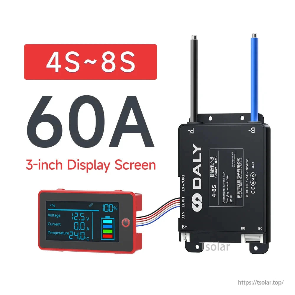 4S–8S 60A mini BMS graphic with 3-inch display screen and wiring harness