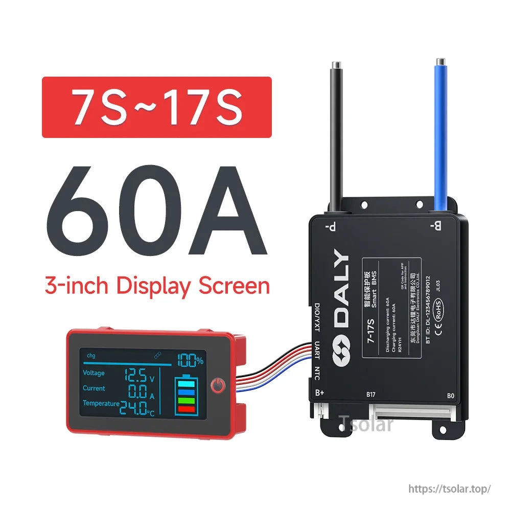7S–17S 60A mini BMS graphic with 3-inch display screen and connector layout