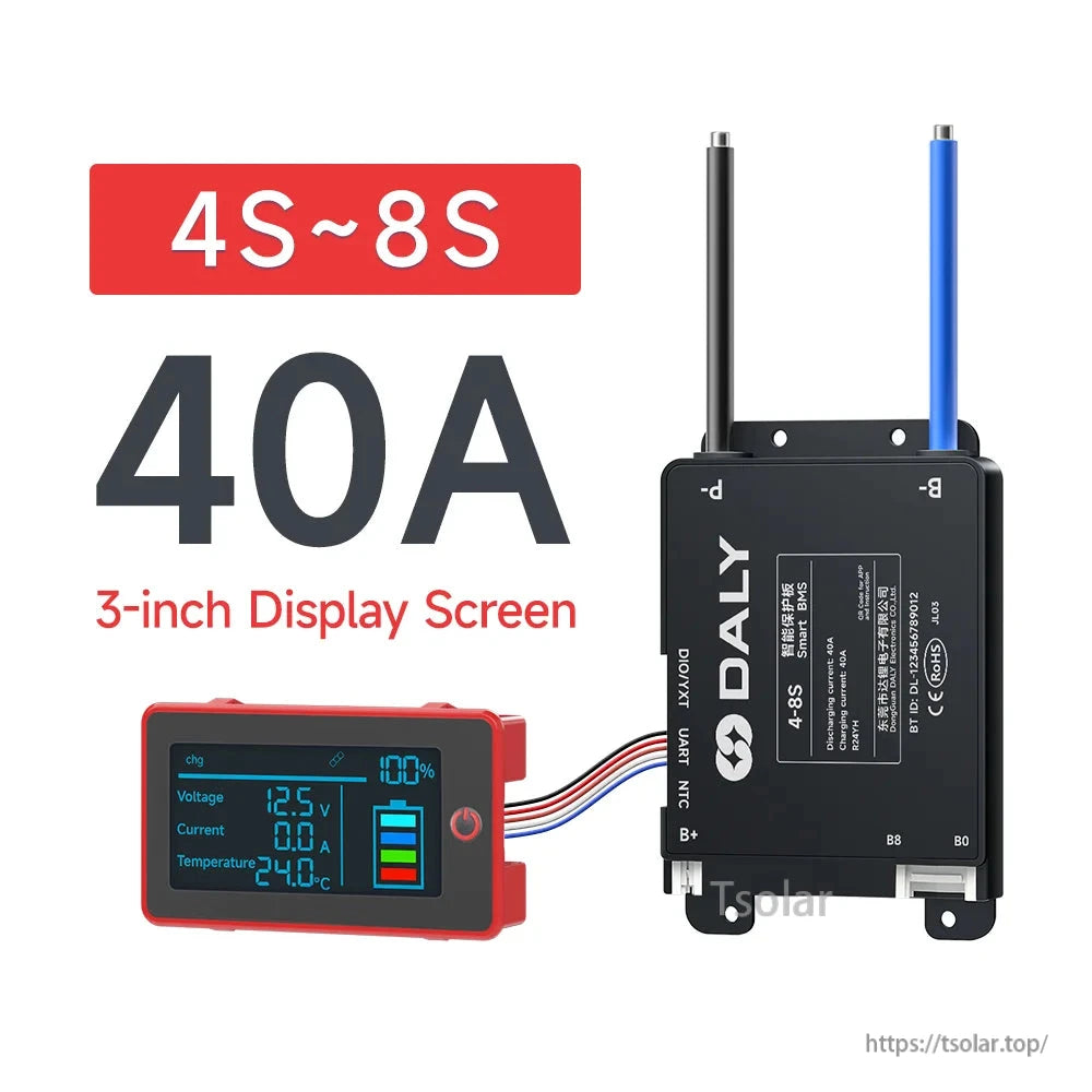 4S–8S 40A mini BMS graphic with 3-inch display screen and connected cable harness