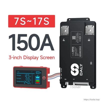 DALY Smart BMS 150A for 7S–17S battery packs with wired 3-inch display screen and labeled B+ and B- terminals