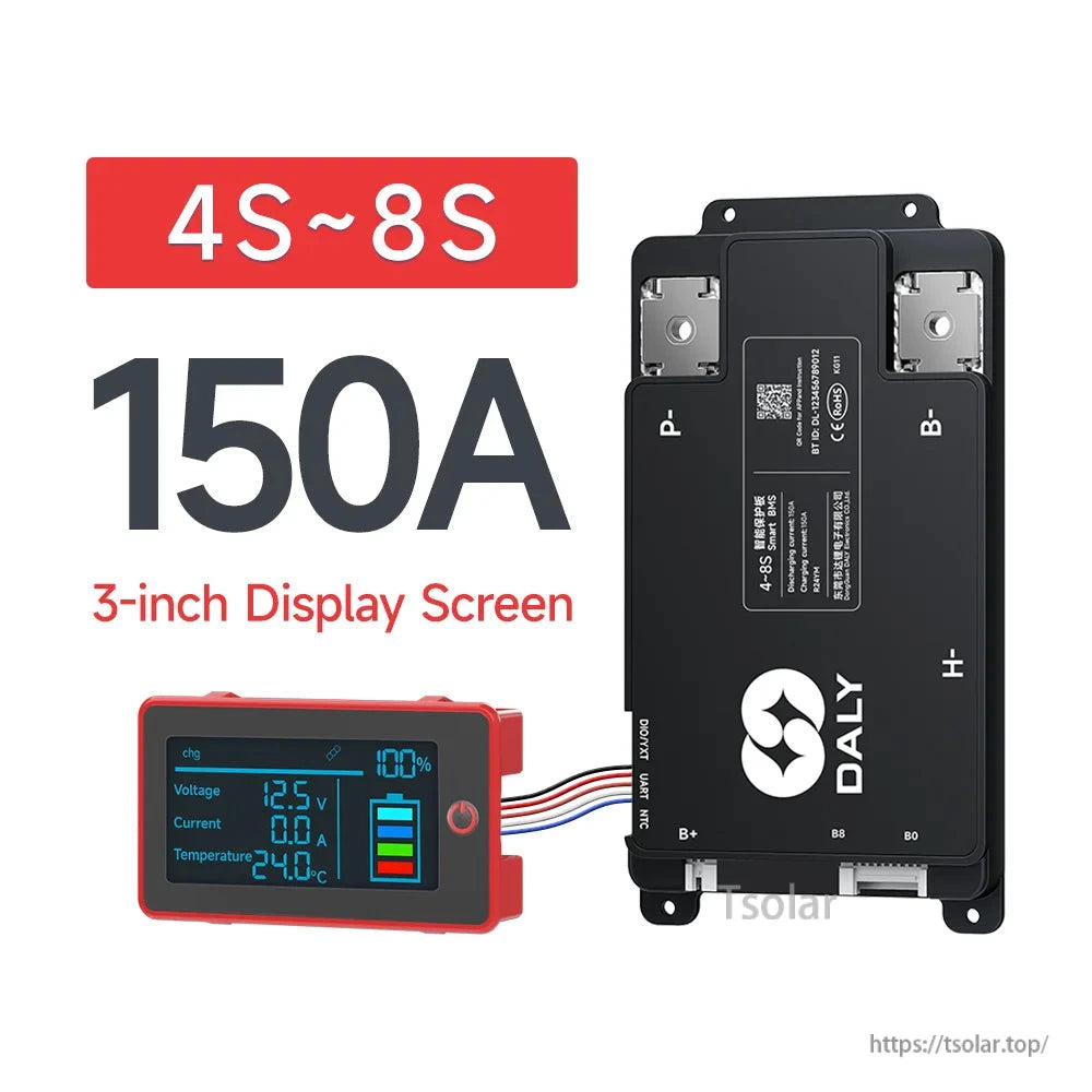 DALY Smart BMS 4S–8S 150A battery management system with wired 3-inch display showing voltage and current