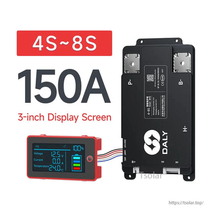 DALY Smart BMS 4S–8S 150A battery management system with wired 3-inch display showing voltage and current
