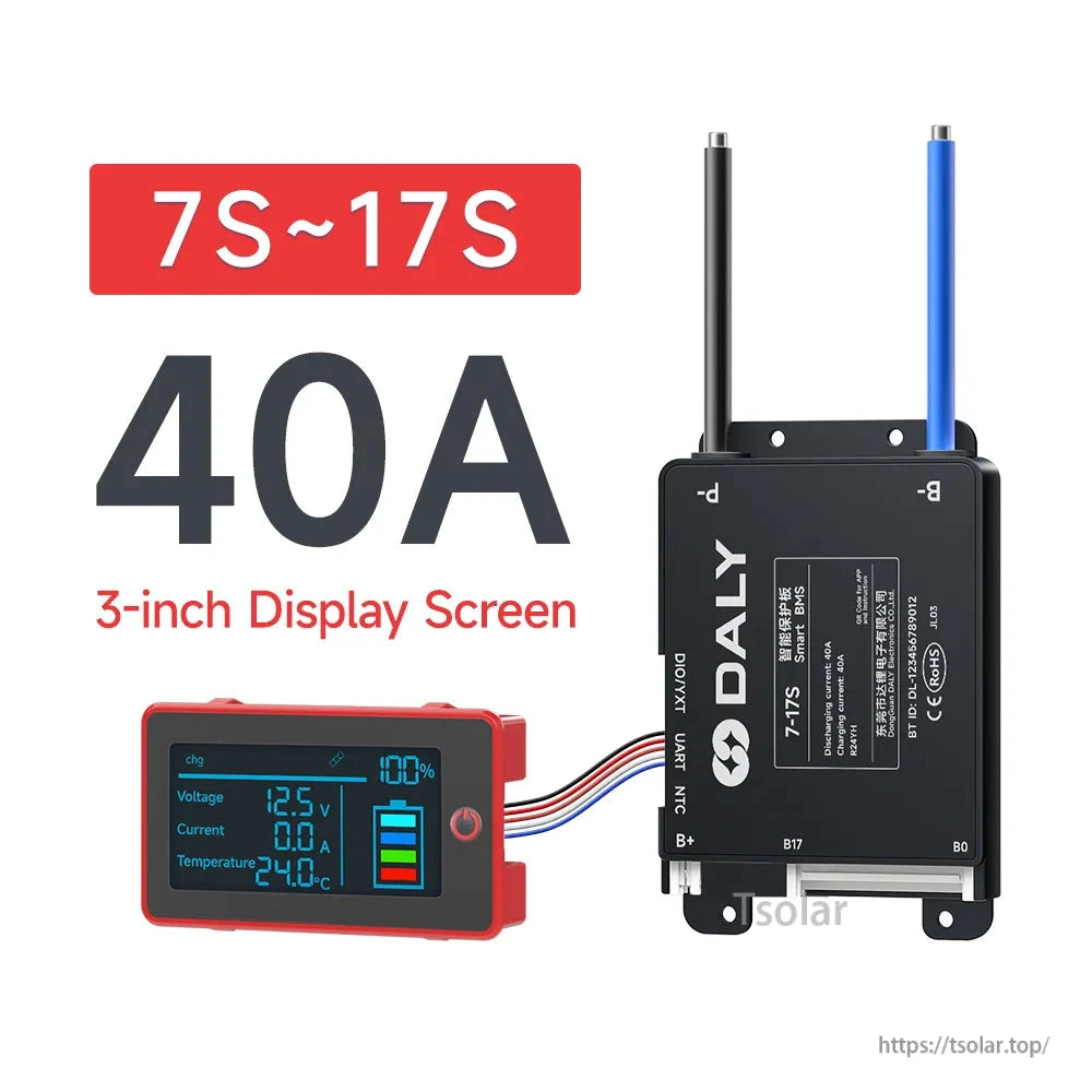7S–17S 40A mini BMS graphic with 3-inch display screen and wiring connectors