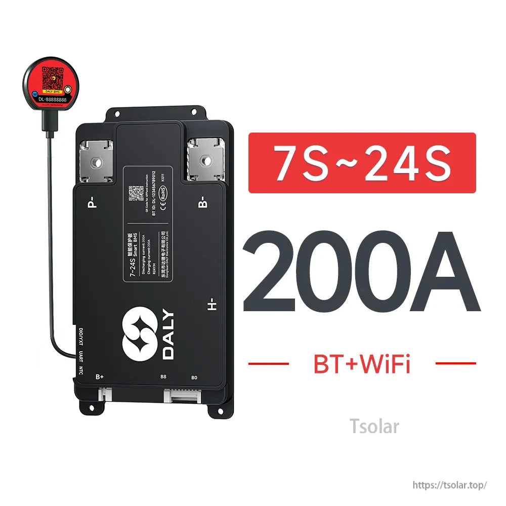 DALY Smart BMS 200A for 7S–24S battery packs with BT+WiFi module, P- and B- terminals and wiring leads