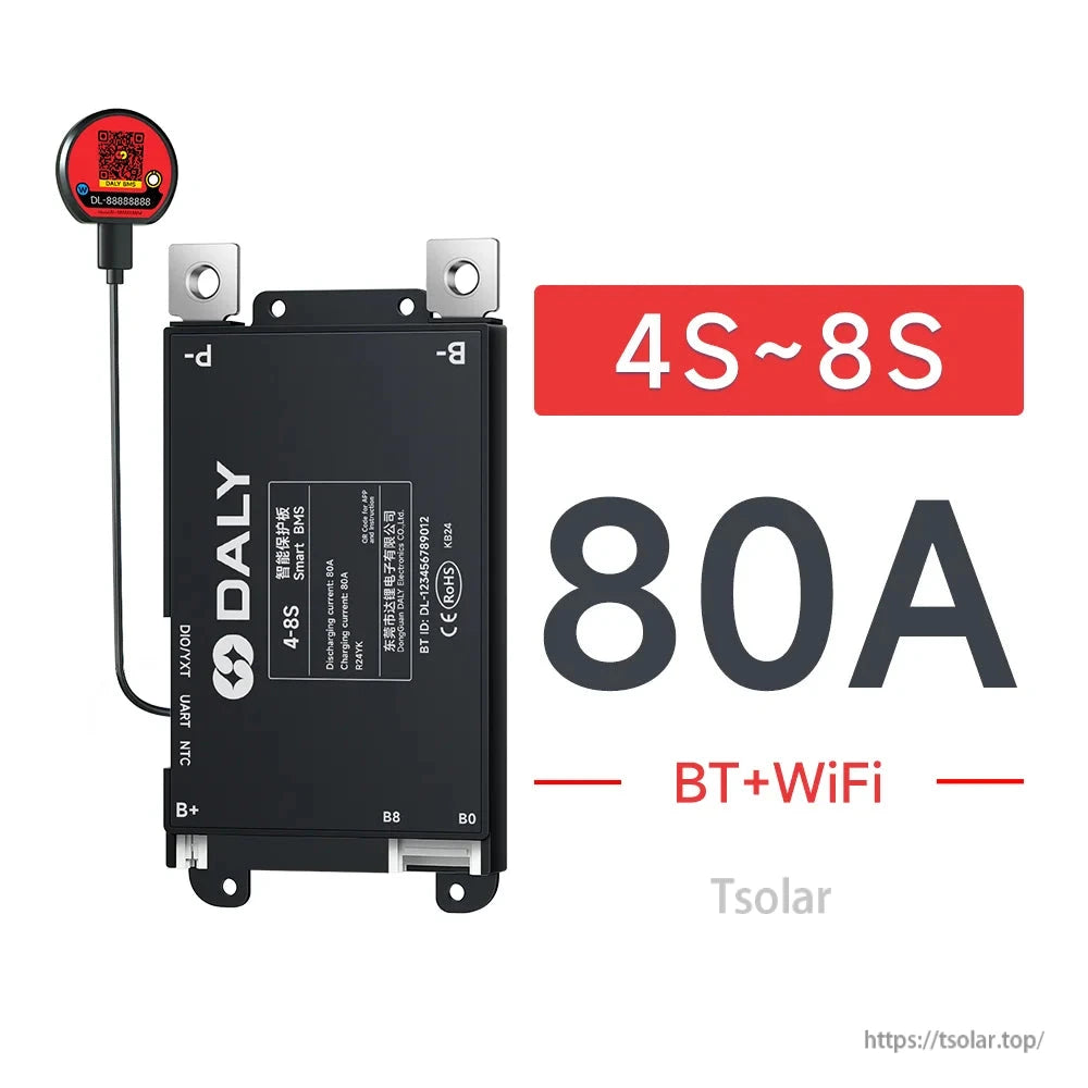 BMS variant graphic: 4S–8S, 80A, BT+WiFi, showing heavy terminal tabs and wired module