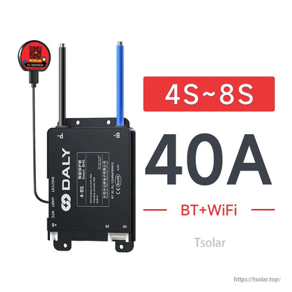 BMS variant graphic: 4S–8S, 40A, BT+WiFi, with black housing, leads, and module shown