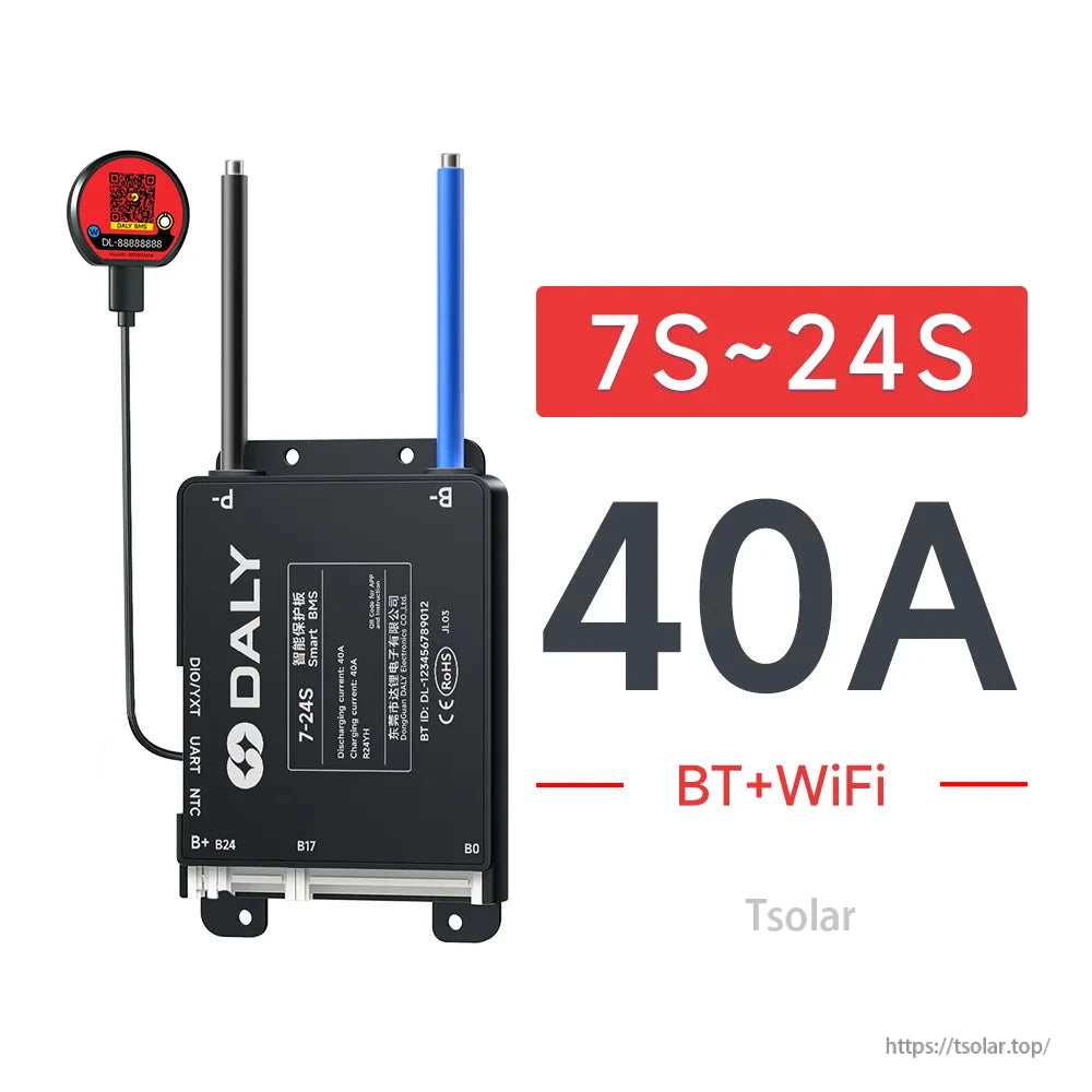 BMS variant graphic: 7S–24S, 40A, BT+WiFi, with wired module and terminal tabs shown