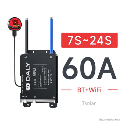 BMS variant graphic: 7S–24S, 60A, BT+WiFi, with wired module and connector ports shown