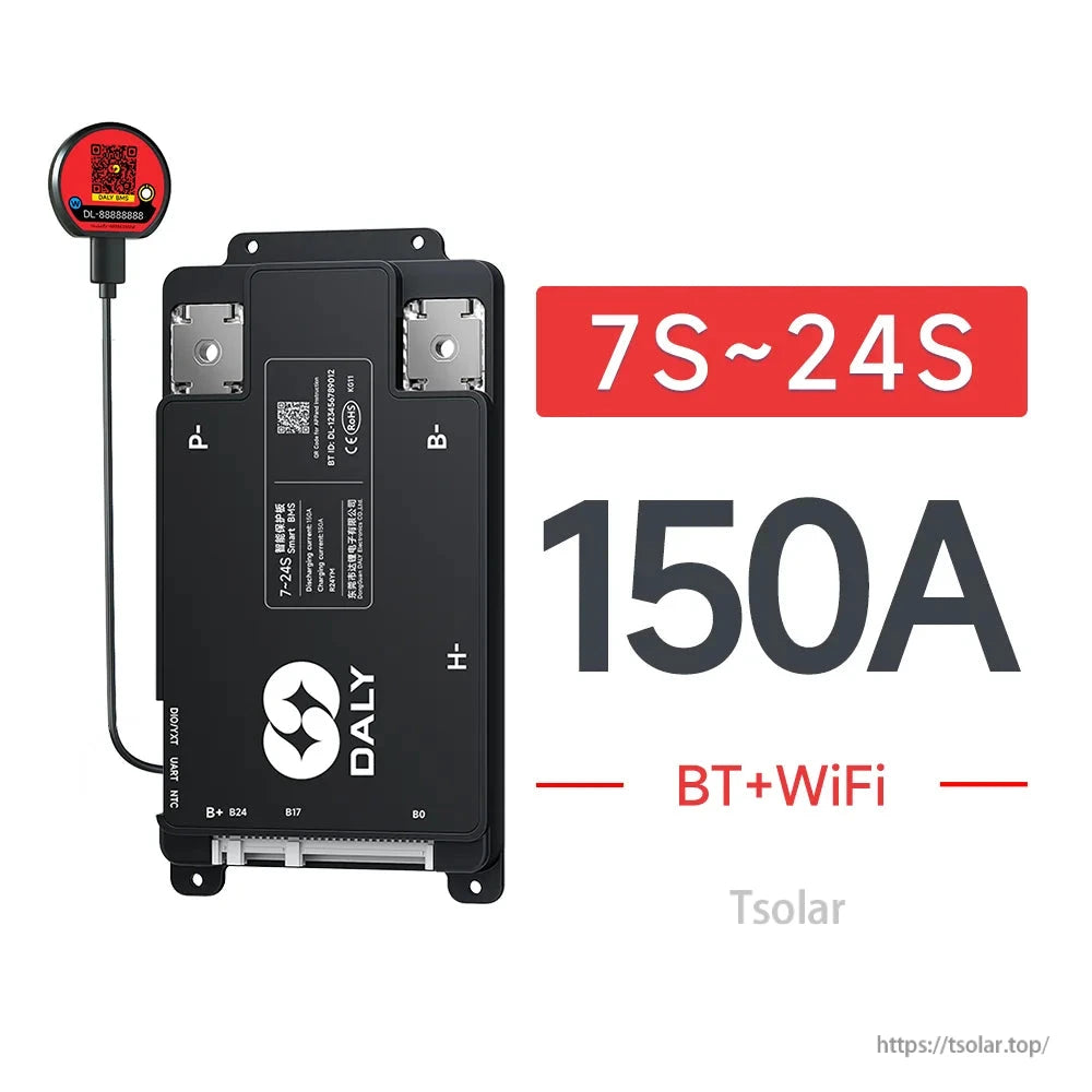 DALY Smart BMS 150A for 7S–24S battery packs with BT+WiFi module, labeled P- and B- terminals and balance port