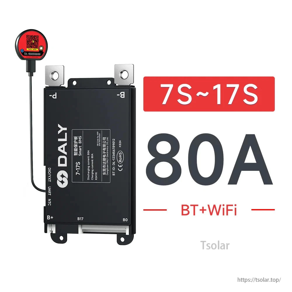 BMS variant graphic: 7S–17S, 80A, BT+WiFi, black enclosure with B0 and balance connector