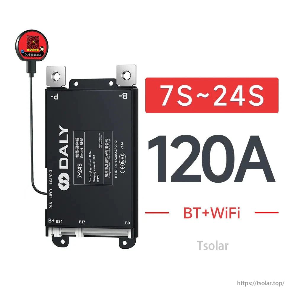 DALY smart BMS battery management module for 7S–24S packs, 120A rating, with BT+WiFi antenna and balance connector