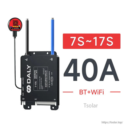 BMS variant graphic: 7S–17S, 40A, BT+WiFi, showing B+ and balance connector positions