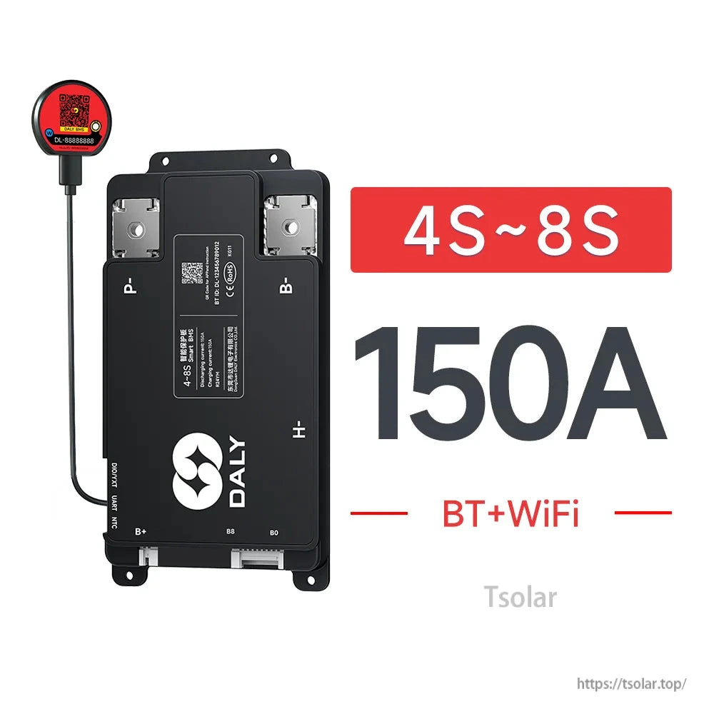 DALY Smart BMS 150A for 4S–8S battery packs with BT+WiFi module and labeled P-, B-, B+ terminals